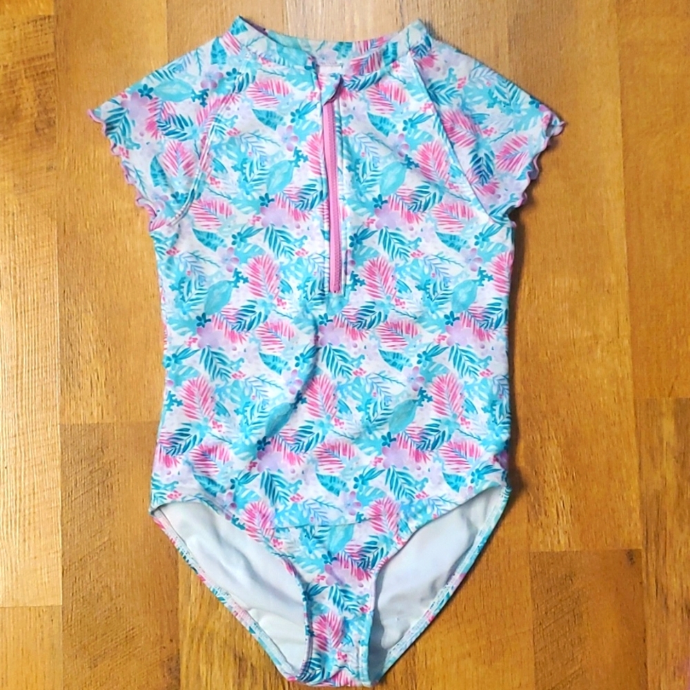 More Than Magic One‎ Piece Aqua and Pink Leaves Zip Up Swimsuit Size Girls 7-8